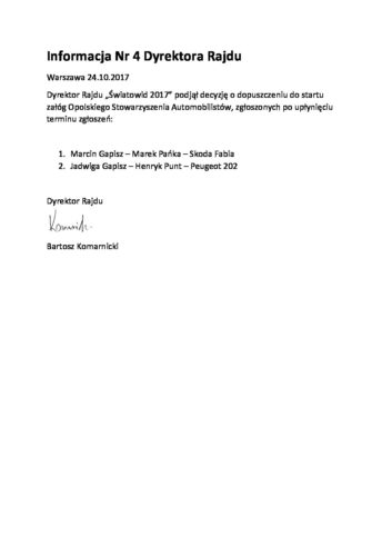 Informacja Nr 4 Dyrektora Rajdu