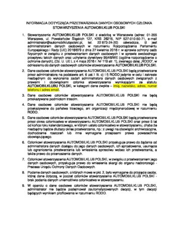 INFORMACJA DOTYCZĄCA PRZETWARZANIA DANYCH OSOBOWYCH  CZŁONKA  STOWARZYSZENIA AUTOMOBILKLUB POLSKI