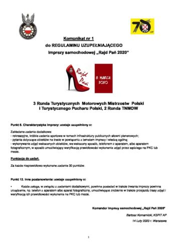 Komunikat nr 1 Dyrektora „Rajd Pań 2020”