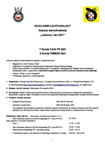 Regulamin uzupełniający imprezy Jesienny Liść 2021.