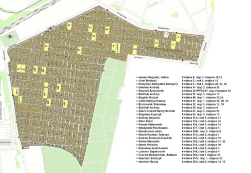 Mapa Cmentarza Powązkowskiego z oznaczeniem grobów.