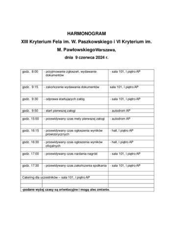 Harmonogram XVII Kryterium Fela 2024